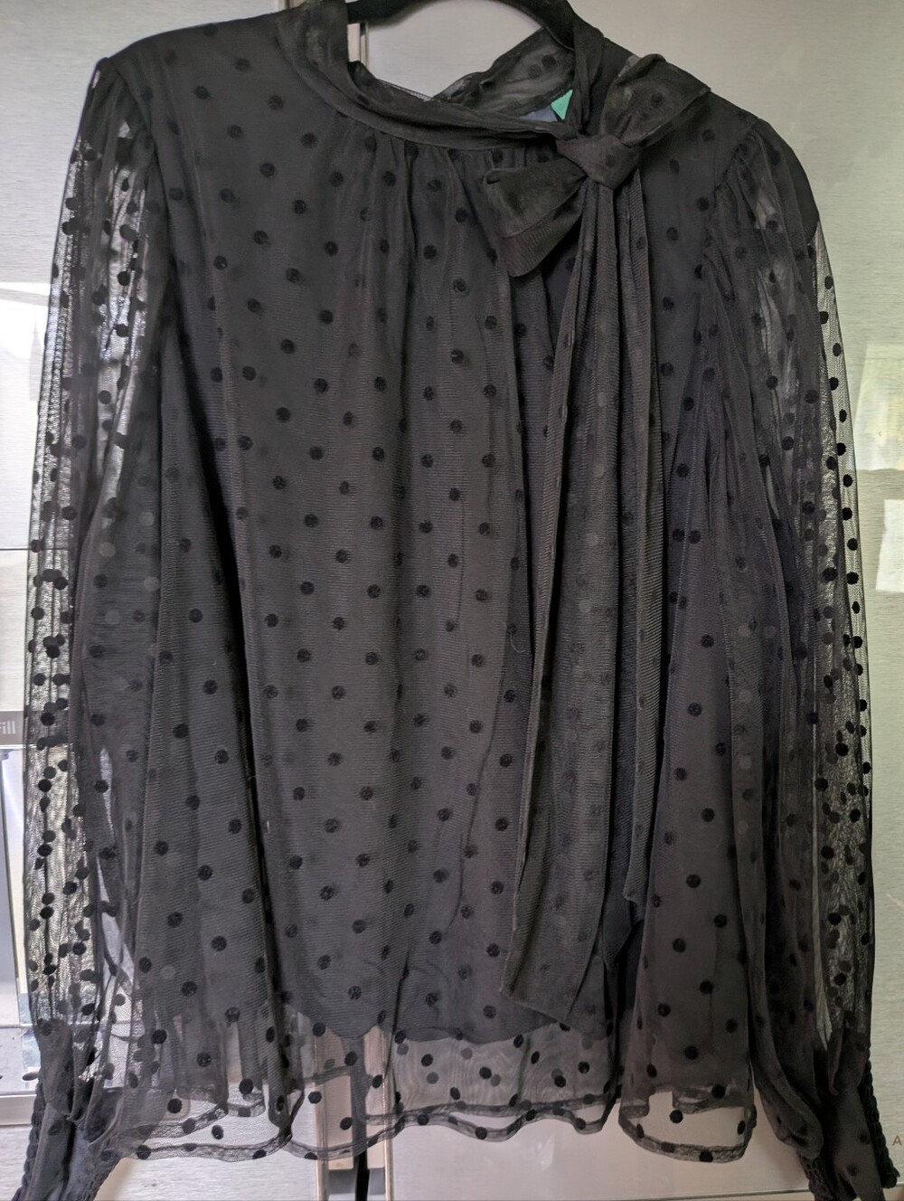Anthropology Maeve 2X - Sheer Black Pussybow Polka Dot Tie-Neck Blouse